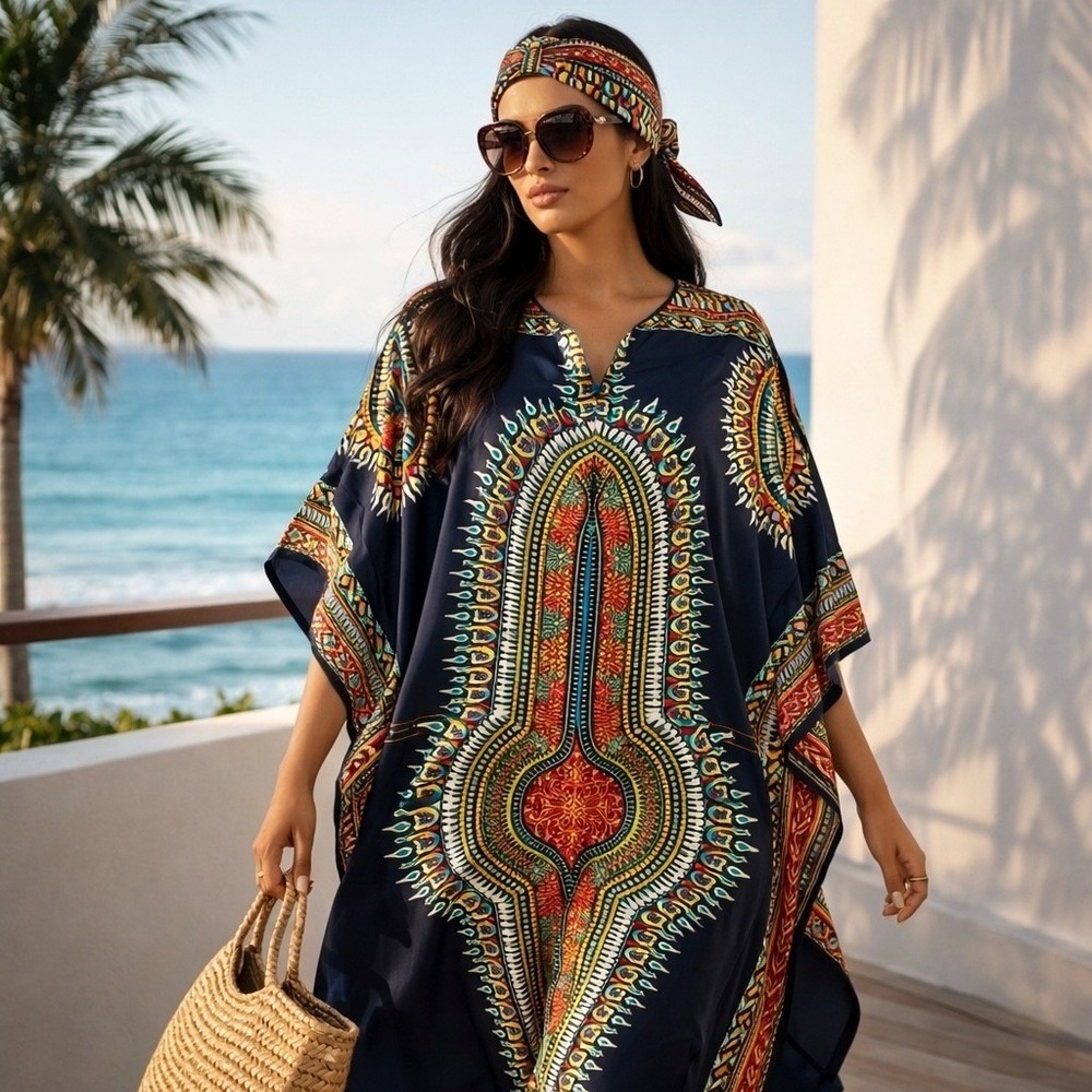 Ashro Women‎ Navy Blue Dashiki Print Caftan Maxi Dress Vibrant Boho Headband NWT